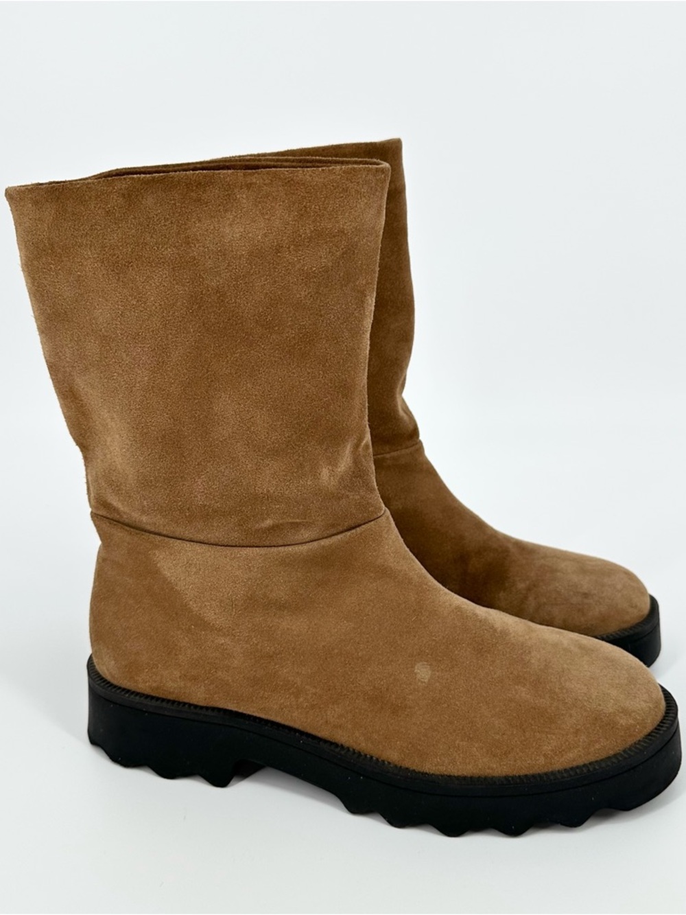 Aerosoles Womens Camel Tan Mid-Calf Slouch Pull-On Boots Black Lug Sole